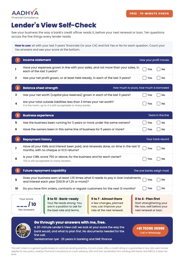 Lender's View Self-Check, a one-page check by Aadhya Financial Consultancy