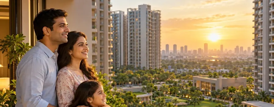 A family on the balcony of their new home in a gated society