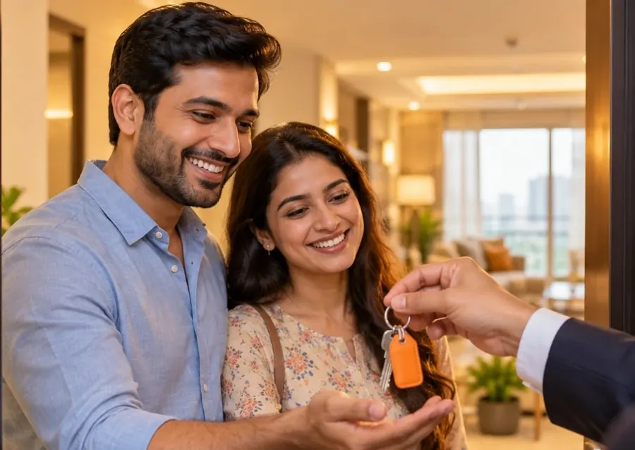 A couple receiving the keys to their new home