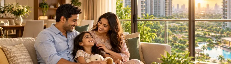 A family relaxing in their new home