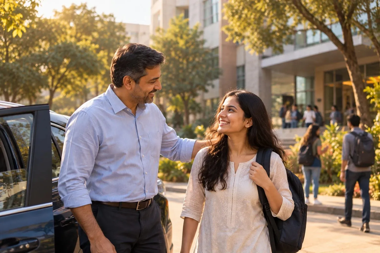 A father dropping his daughter at her new college campus
