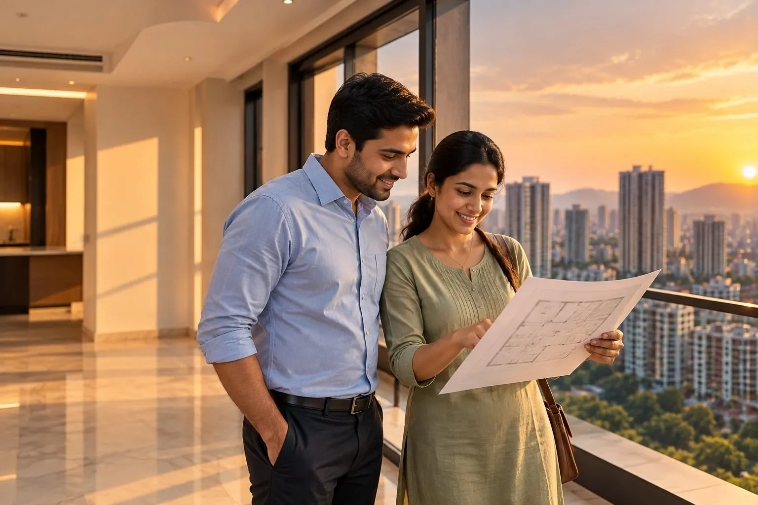 A young couple planning their new home with the floor plan