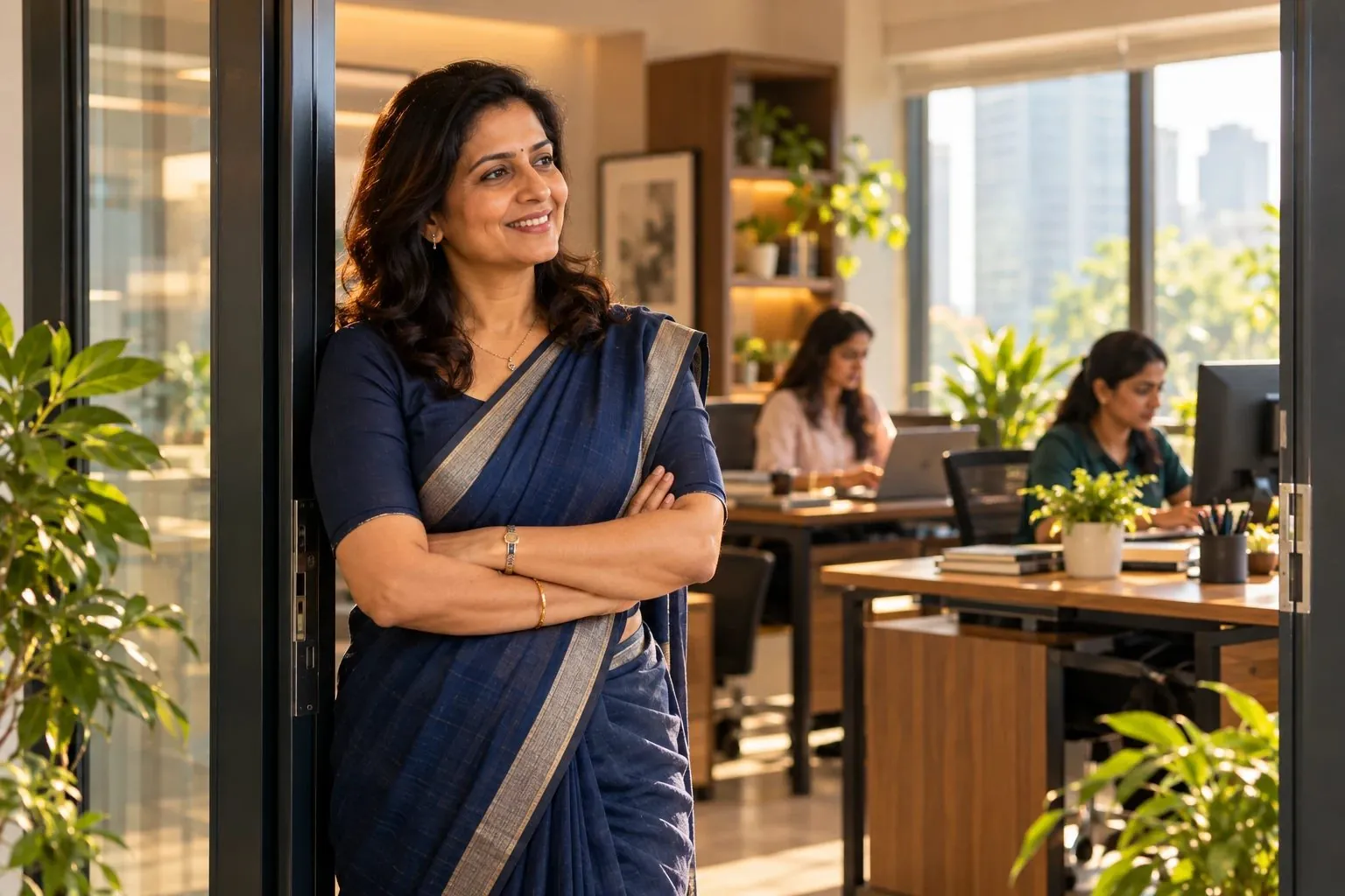 A woman professional at the door of the office she owns