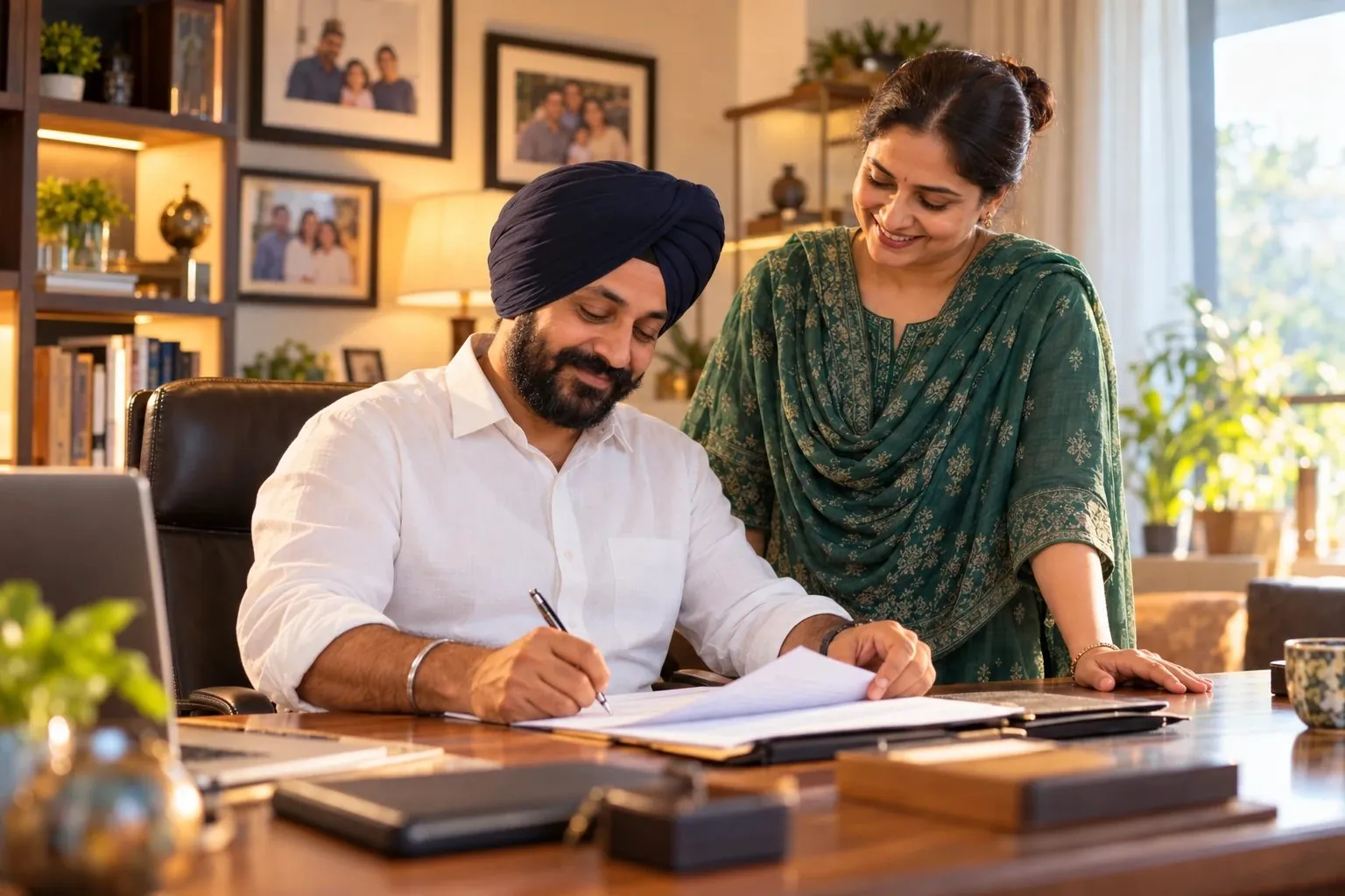 A business owner signing papers at home with his wife
