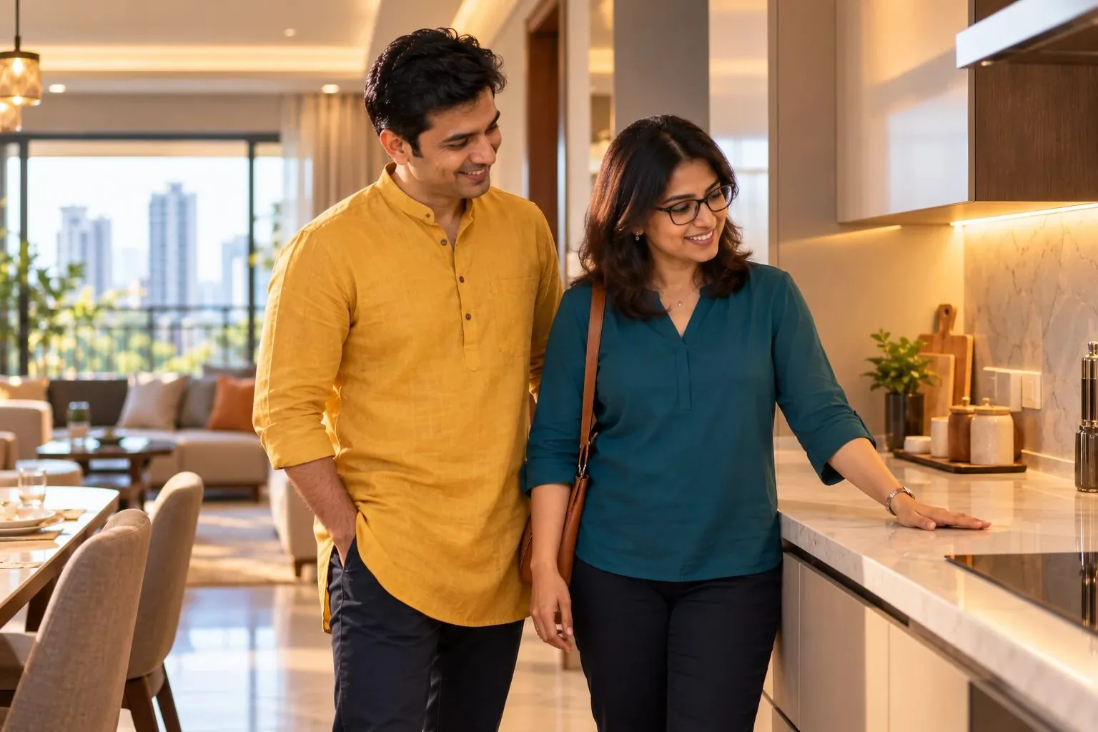 A young business-owner couple viewing the kitchen of a new flat