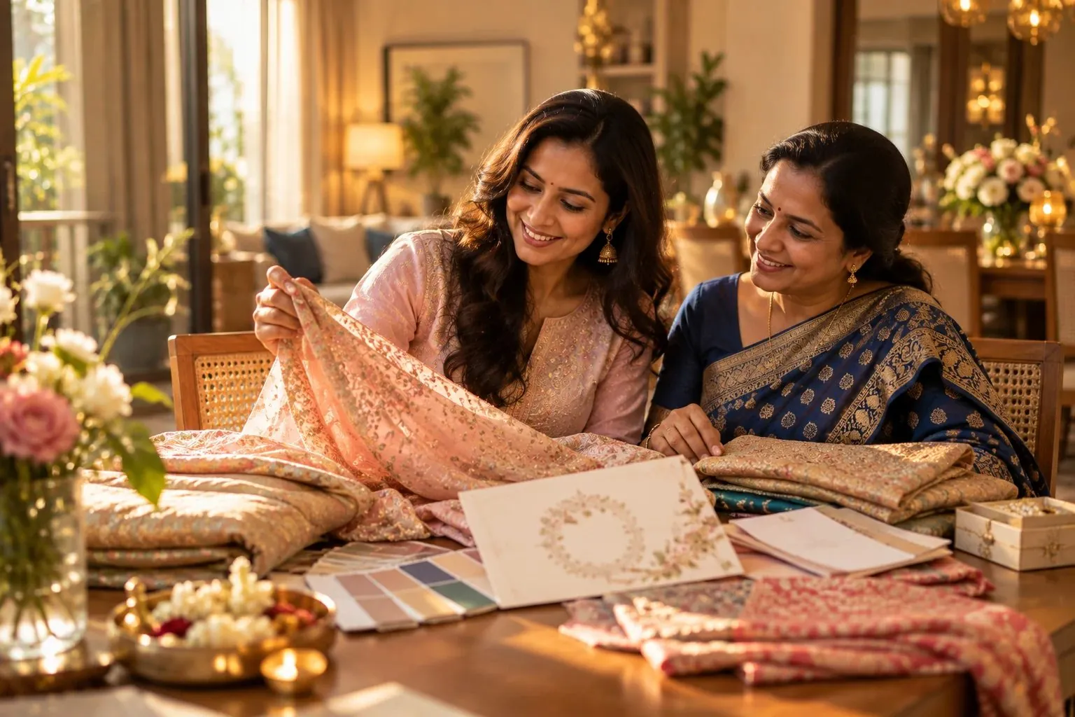 Mother and daughter choosing fabrics for a family wedding