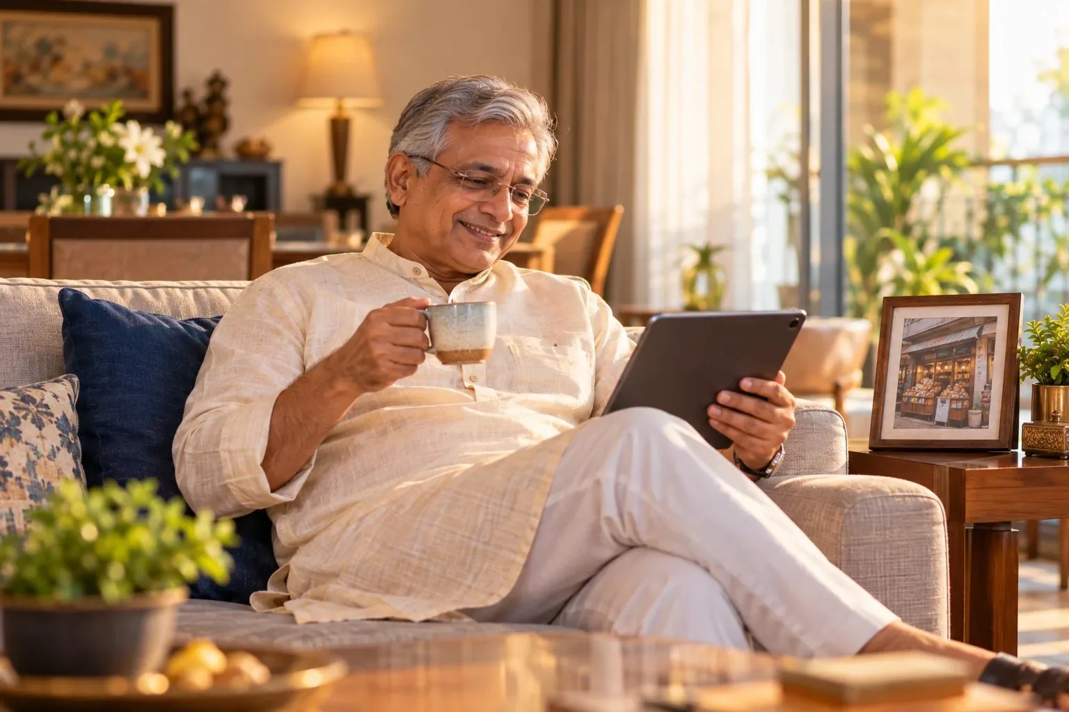 A senior business owner relaxing at home with tea