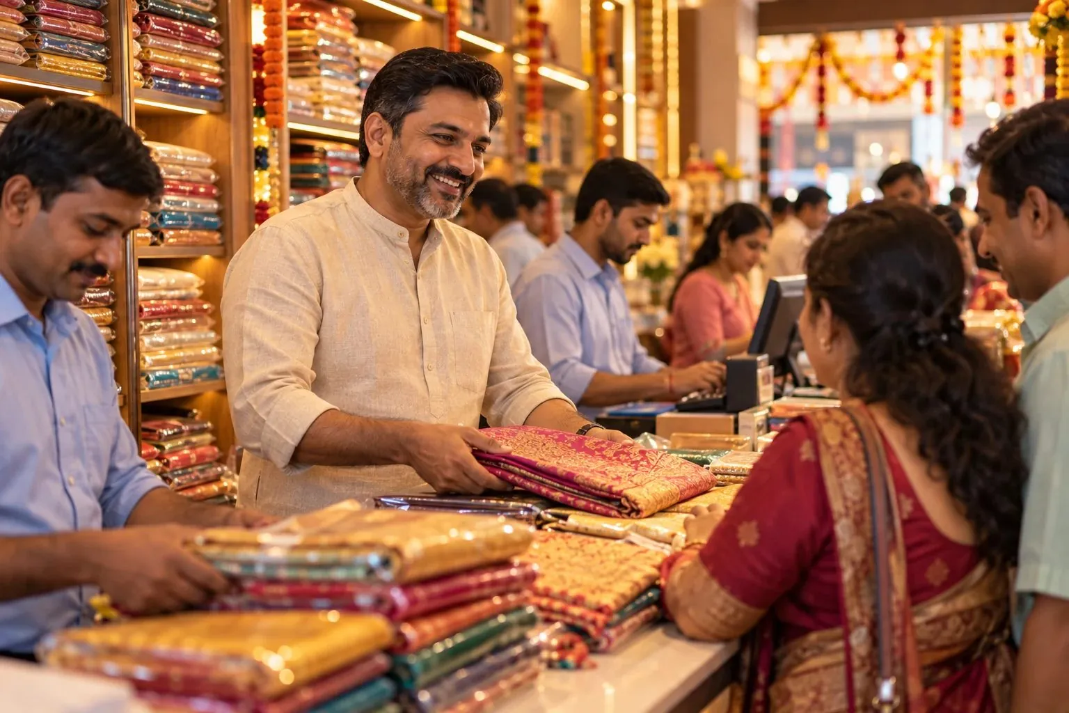 A wholesaler at his busy counter in festive season