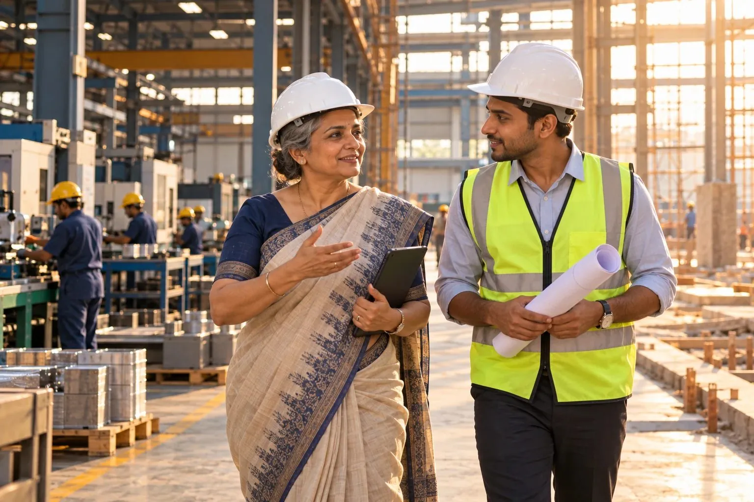 A woman factory owner walking through her new extension