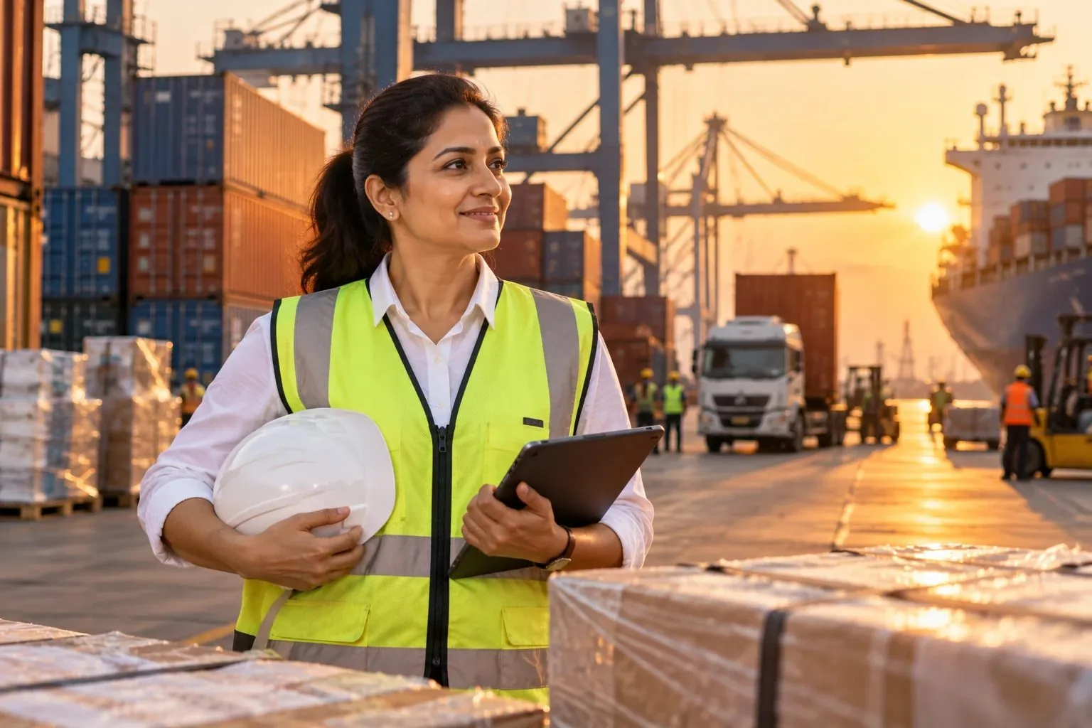 A woman exporter checking a shipment at a container port