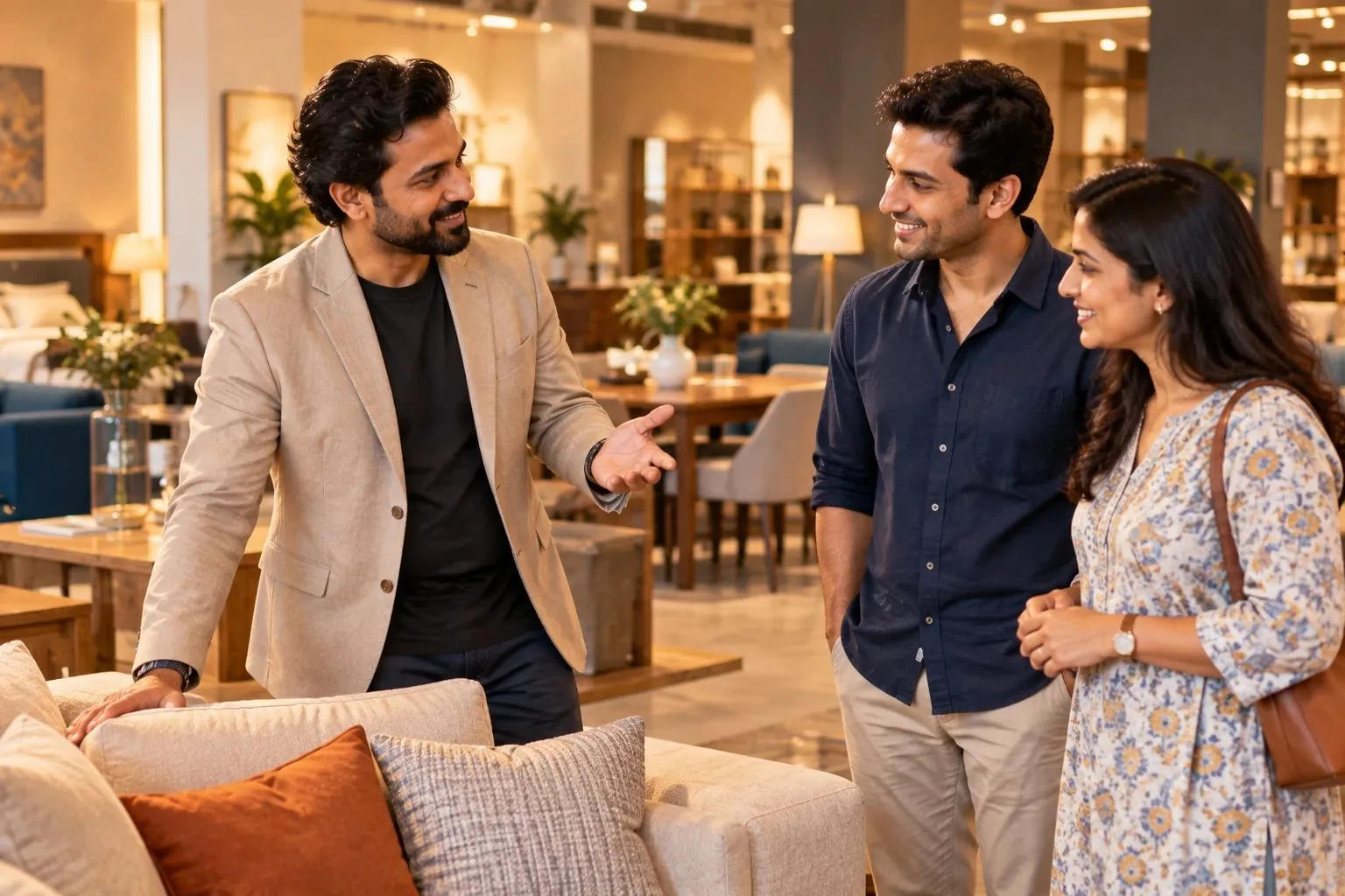 A showroom owner greeting customers