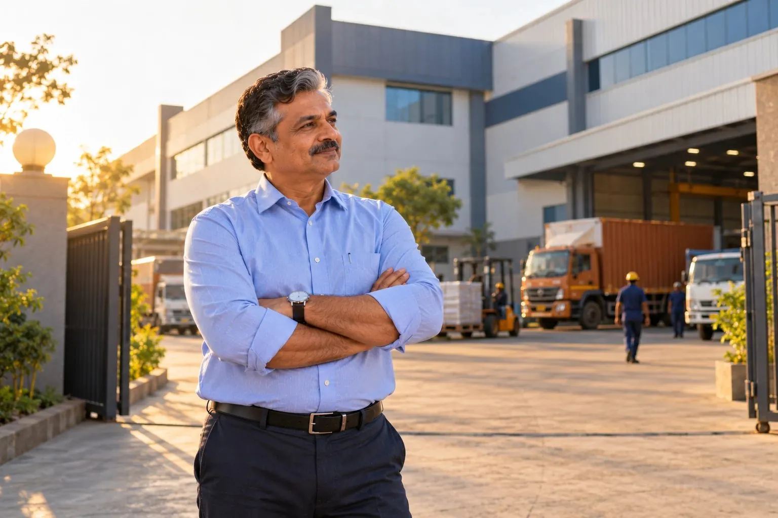 A factory owner outside his own factory