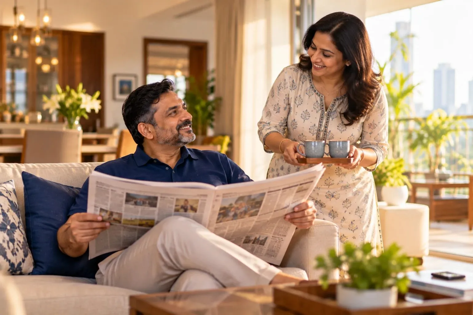 An SME owner relaxing at home with his wife and morning tea