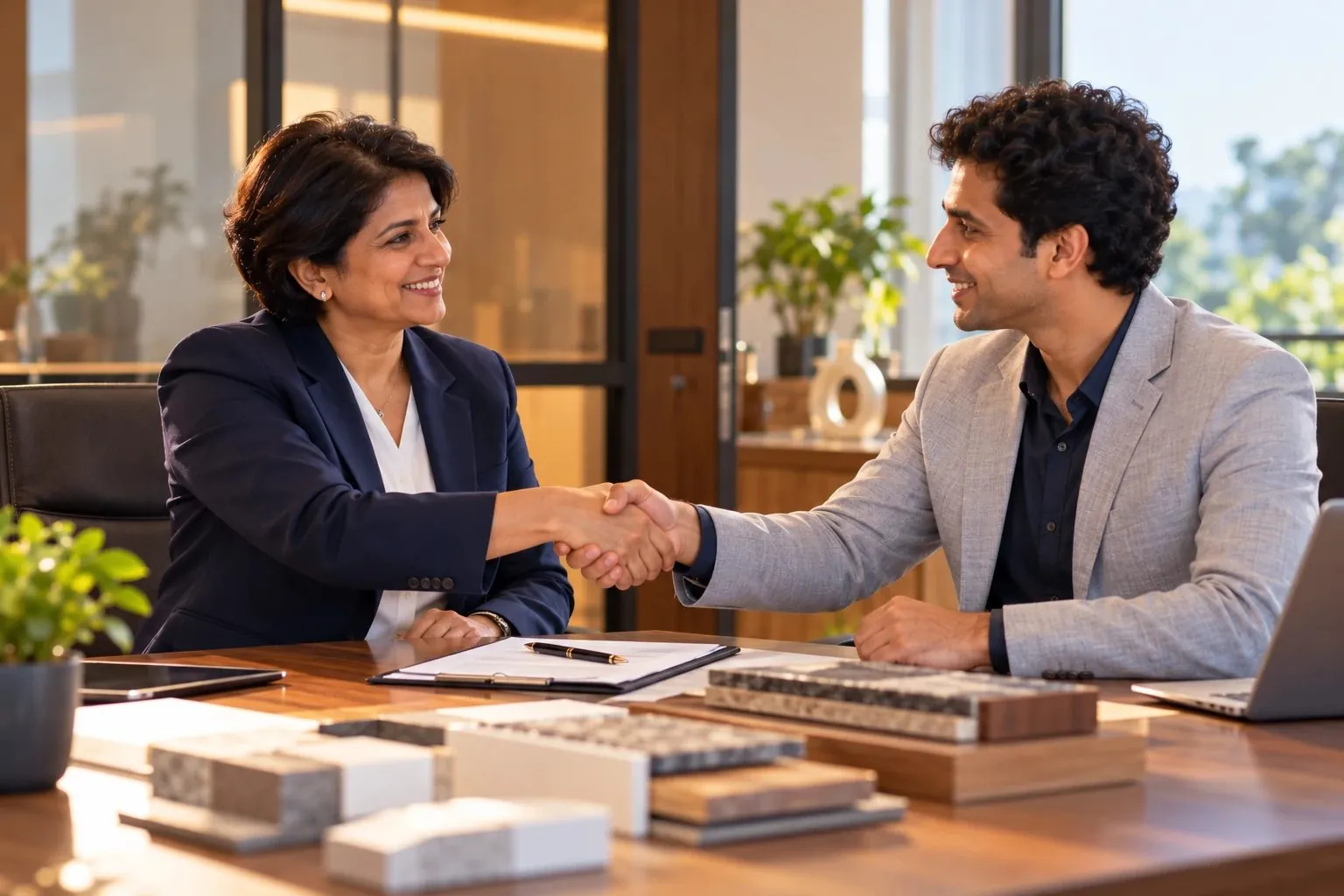 Two business owners shaking hands over a signed contract