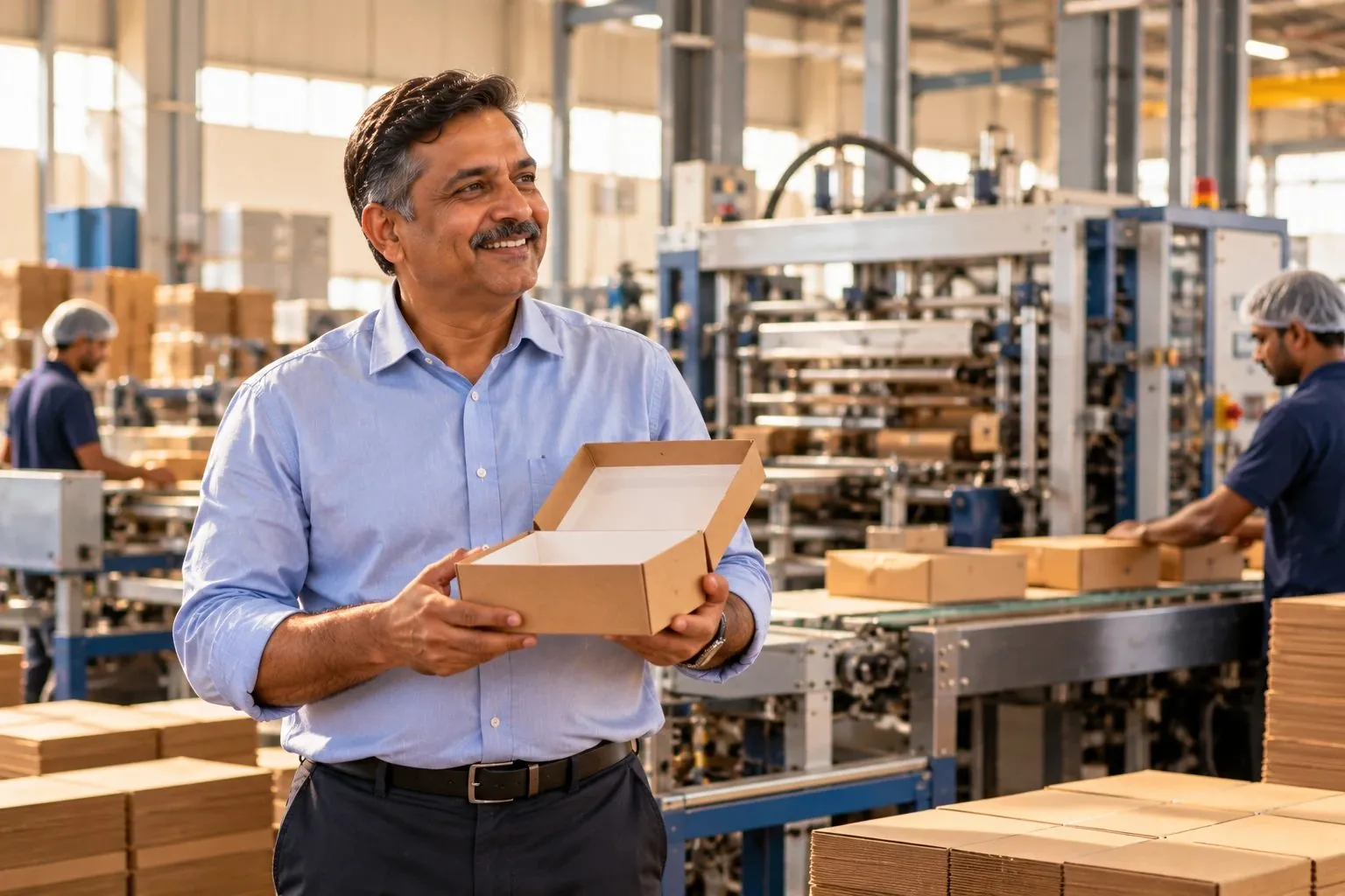 A packaging unit owner holding the first box from a new machine