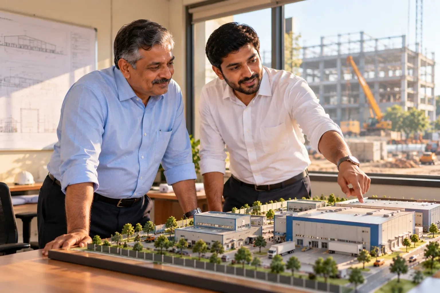A promoter and his son studying a model of their new plant