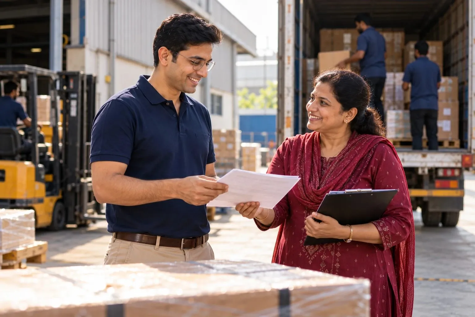 An SME owner receiving an invoice from his supplier at the loading bay