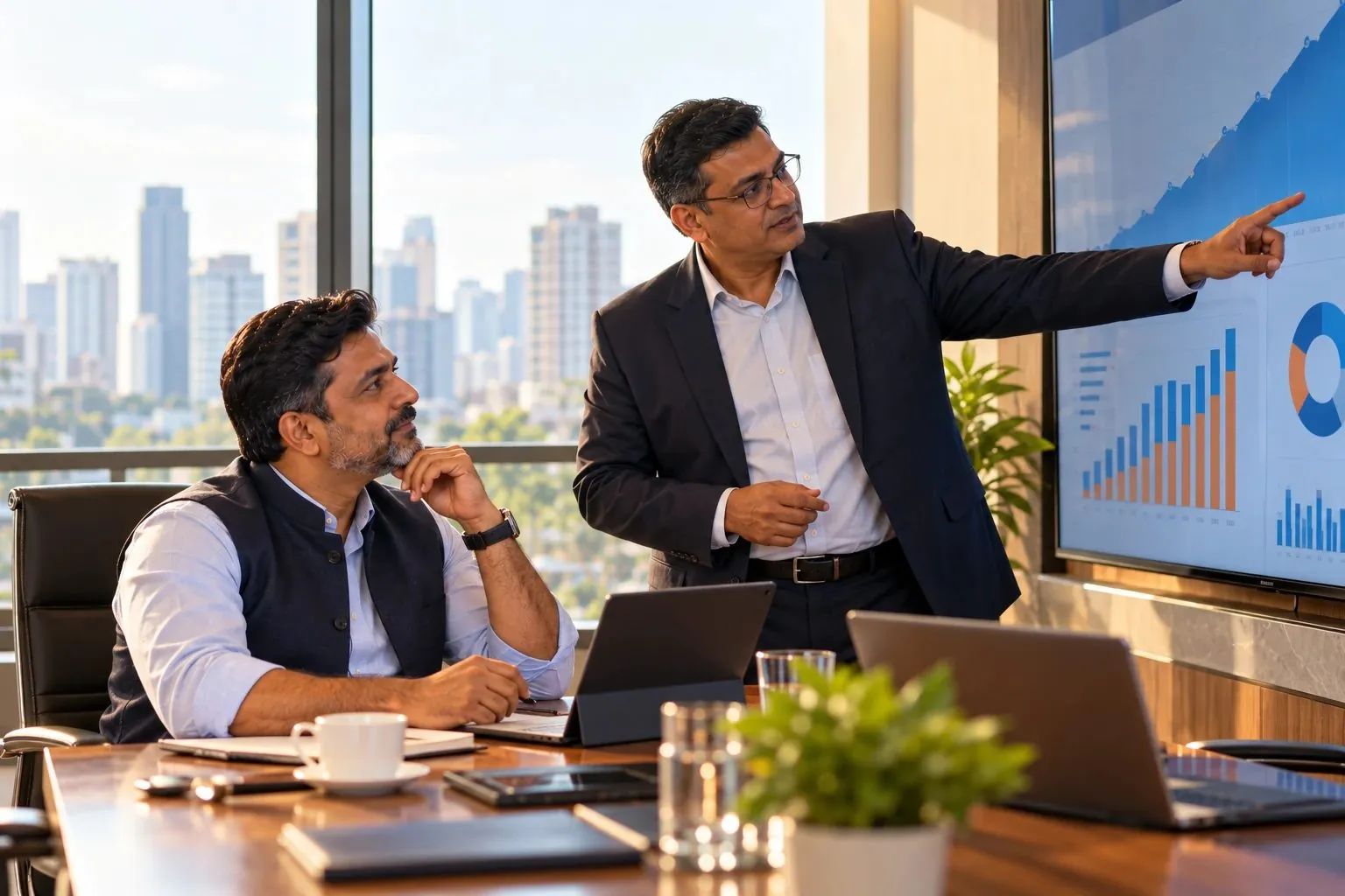 A promoter and his CFO reviewing plans in the boardroom
