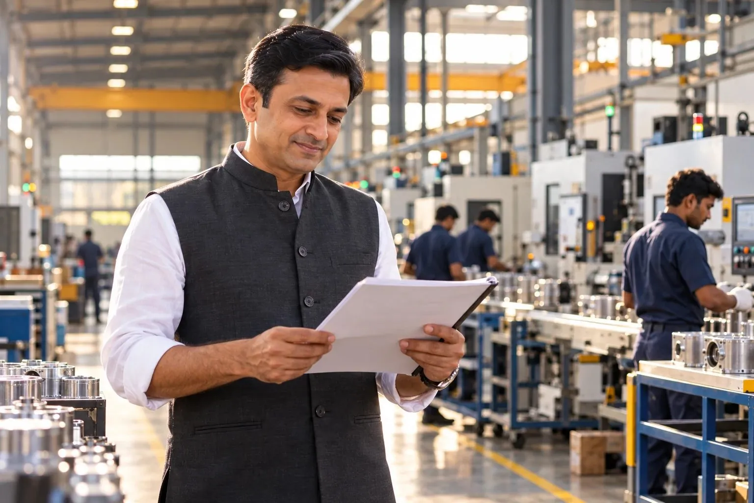 A promoter reviewing papers in his running plant