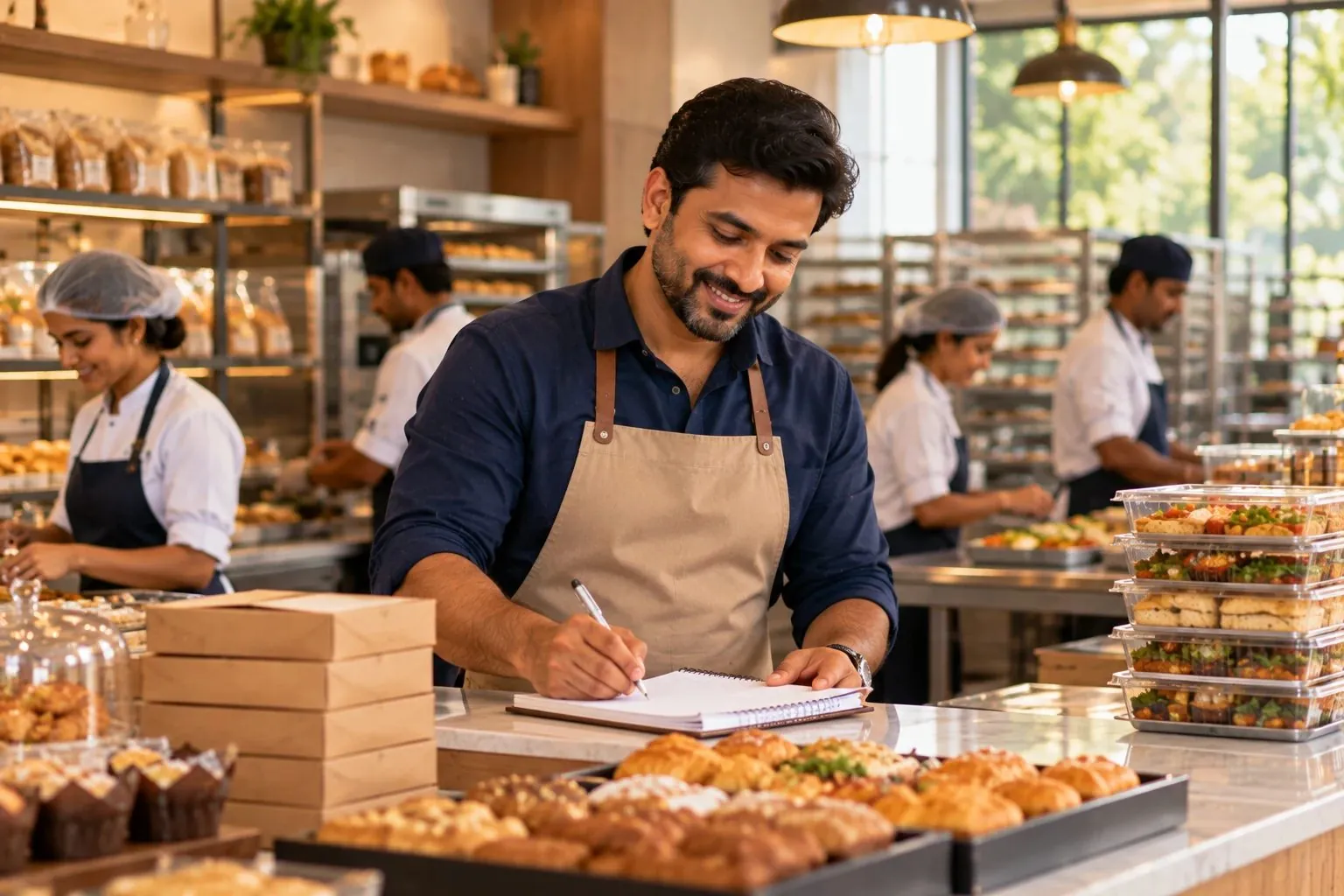A bakery-cafe owner writing a big catering order
